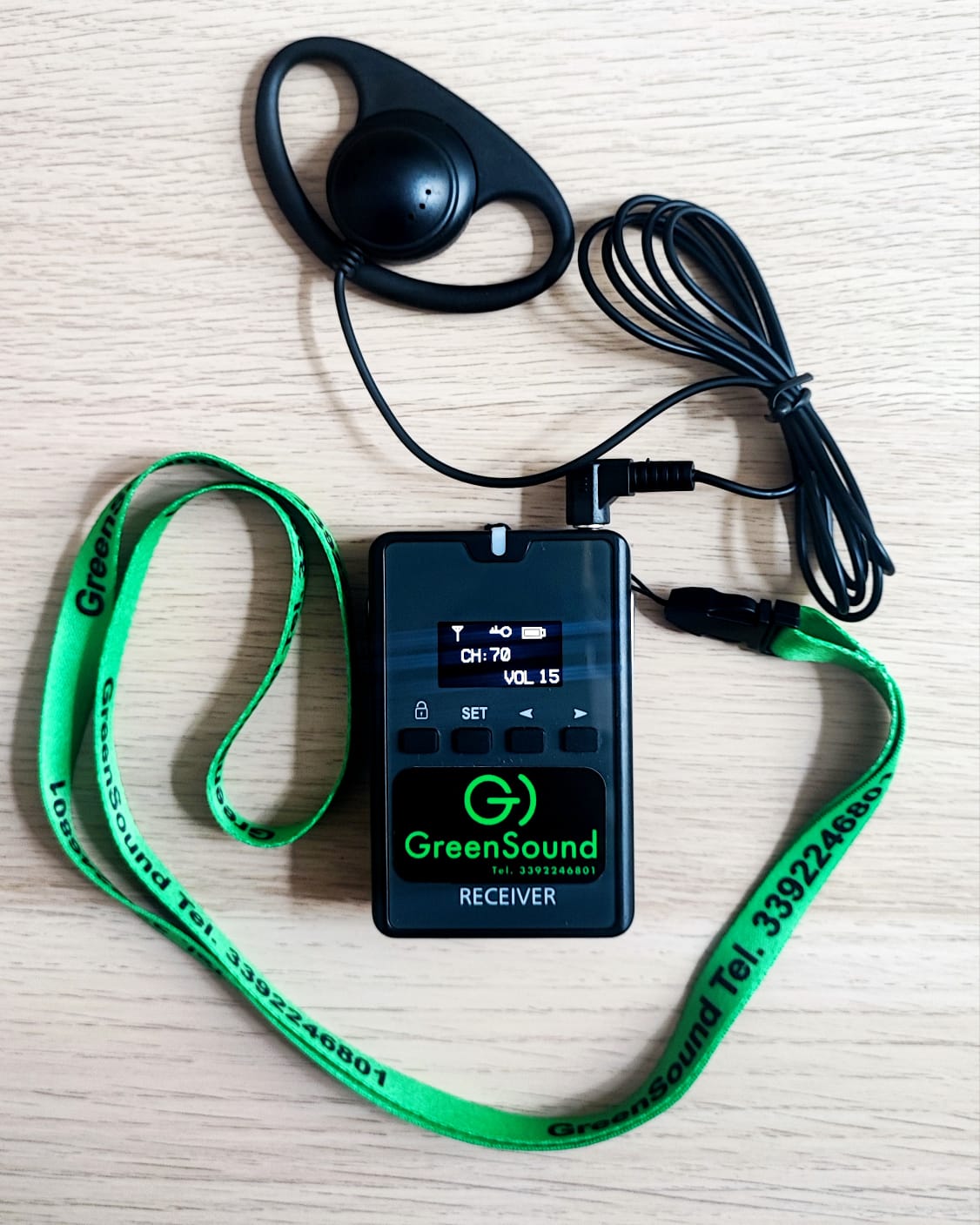 Dettaglio ricevitore e auricolare GreenSound